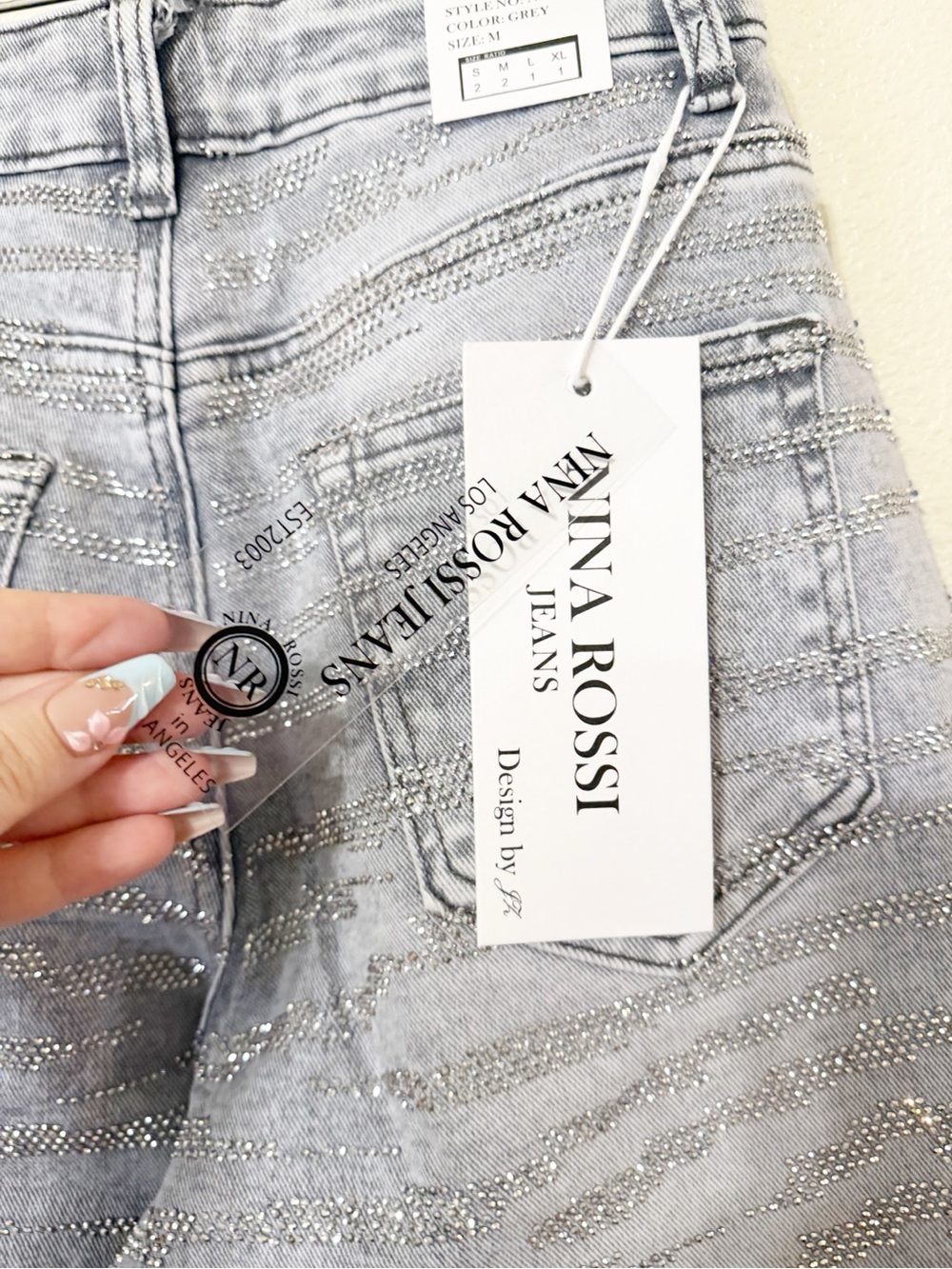 Nina Rossi Wavy Zebra Tiger Stripe Crystal Jeans in Light Grey Wash size medium - Picture 7 of 9